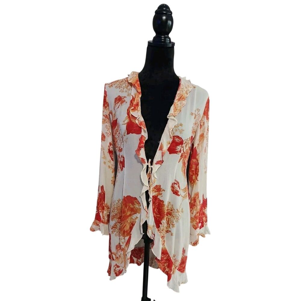 Kay Unger Women's Silk Chiffon Floral Ruffles Cardigan Petites 2